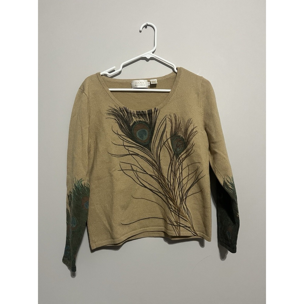 Women's Dana Buchman Wool Blend Peacock Feather Tan Sweater L Gold Label